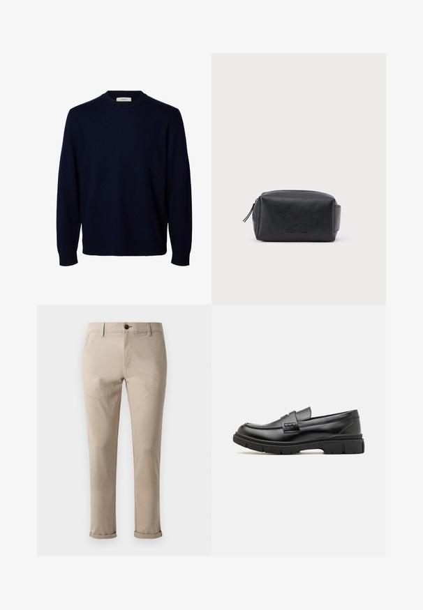 Pull bleu marine foncé à manches longues avec col rond et poignets et ourlet côtelés, présenté sur fond blanc.; Jack & Jones JPSTMARCO FURY NOOS - Chino - atmosphere; Mocassin en cuir noir avec une large sangle sur le devant, semelle en caoutchouc à épaisse rainure, et texture lisse. Design classique et élégant.; Trousse de toilette rectangulaire en cuir noir avec fermeture éclair et nom de marque embossé sur le devant, sur fond blanc uni.