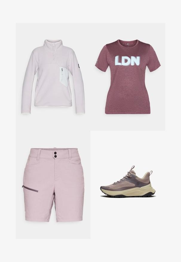 Lichtpaarse fleece pullover met een hoge kraag, drie knopen aan de voorkant en een witte ritsborstzak. Bevat contrasterende witte afwerking.; Maroon T-shirt gemaakt van textuurstof met korte mouwen. "LDN" in grote witte letters op de borst gedrukt. Ronde halslijn.; Lichtpaarse shorts met een gladde textuur, voorzien van een ritszak aan de zijkant, twee voorzakken en een tailleband met twee knopen.; Lichtbruine en beige sportieve sneaker met gebreide bovenkant, gewatteerde zool, zwarte loopzool en trekbandjes op de tong en hiel.