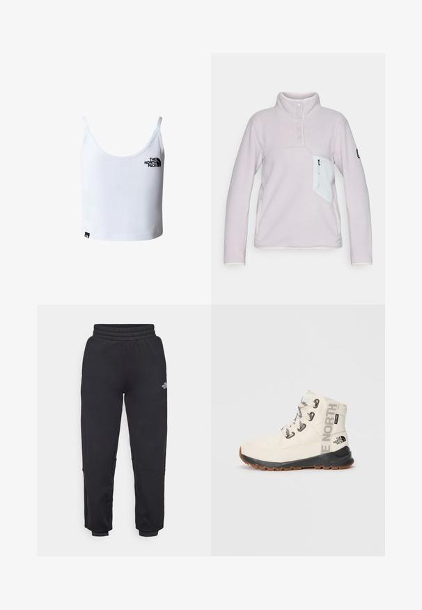 Lichtpaarse fleece pullover met een hoge kraag, drie knopen aan de voorkant en een witte ritsborstzak. Bevat contrasterende witte afwerking.; Witte cropped tanktop met dunne bandjes, met het zwarte The North Face-logo op de borst en vlak bij de onderzoom.; The North Face W MOUNTAIN ATHLETICS - Trainingsbroek - black; Witte geïsoleerde laars met een zwarte rubberen zool, witte veters en "The North Face" branding. Heeft een gevoerde kraag en gestructureerde stof.