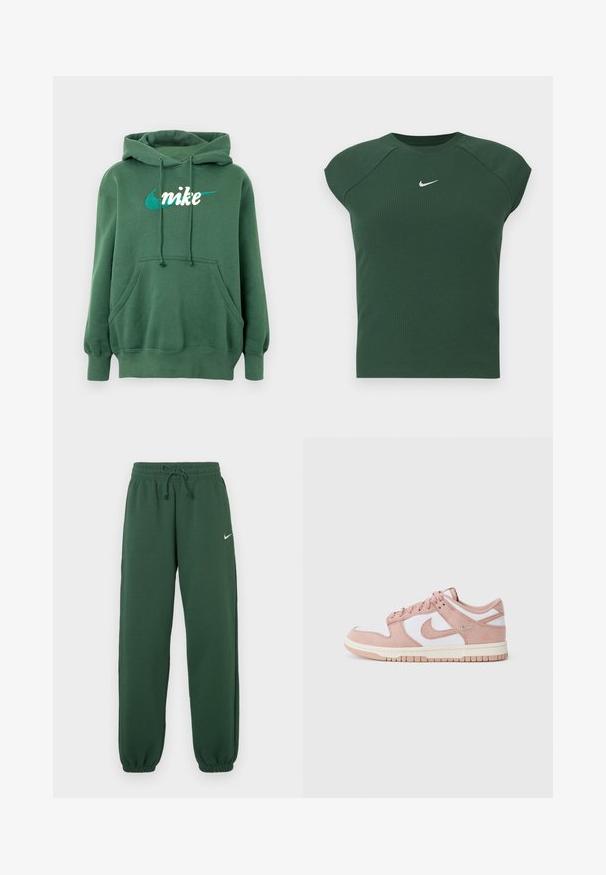 Roheline kapuutsiga dressipluus, mis on valmistatud puuvilla segust, varustatud kenguru tasku, soonikkoes mansettide ja tikitud valge ning türkiissinise Nike logoga esiküljel.; Tümest tumes roheline ribadest lühikesed varrukad sportlik tipp ümmarguse kaelusega, millel on rinna kohal väike valge Nike swooshi logo.; Tumedrohelised dressipüksid pehmest kangast, millel on elastne vöökoht paelaga ja kitsenevad ääred. Väike valge logo ees.; Tenistijal on pehme roosa suede ülemine osa, valged nahkpaneelid ja tekstureeritud kummitald. Kõrge kvaliteediga swoosh logo külgedel, nööridega disain.