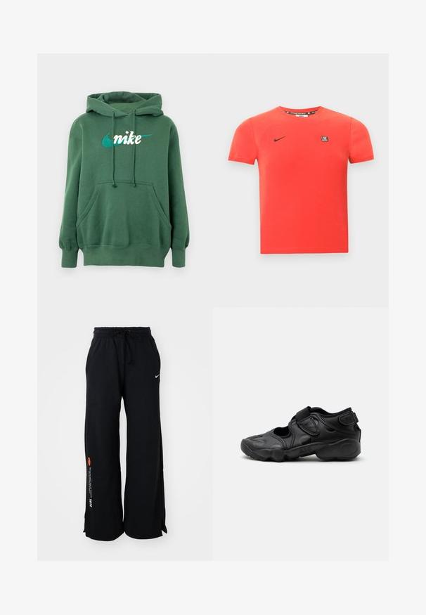 Zelená mikina s kapucňou z bavlnenej zmesi s klokanou kapsou, rebrovanými manžetami a vyšívaným bielym a tyrkysovým logom Nike na prednej strane.; Červené bavlnené tričko s krátkymi rukávmi, na ktorom je čierne logo Nike a malá značková nášivka na hrudi. Jednoduchý okrúhly výstrih.; Čierne tepláky vyrobené z bavlny, s elastickým pásom na šnúrku, bočnými rozparokmi na leme a kontrastným oranžovým a bielym textom na jednej nohe.; Čierna športová sandála s uzavretou špičkou, suchými zipsami na priehlavku a päte a hrubou vystlanou podrážkou označenou "AIR" na boku.