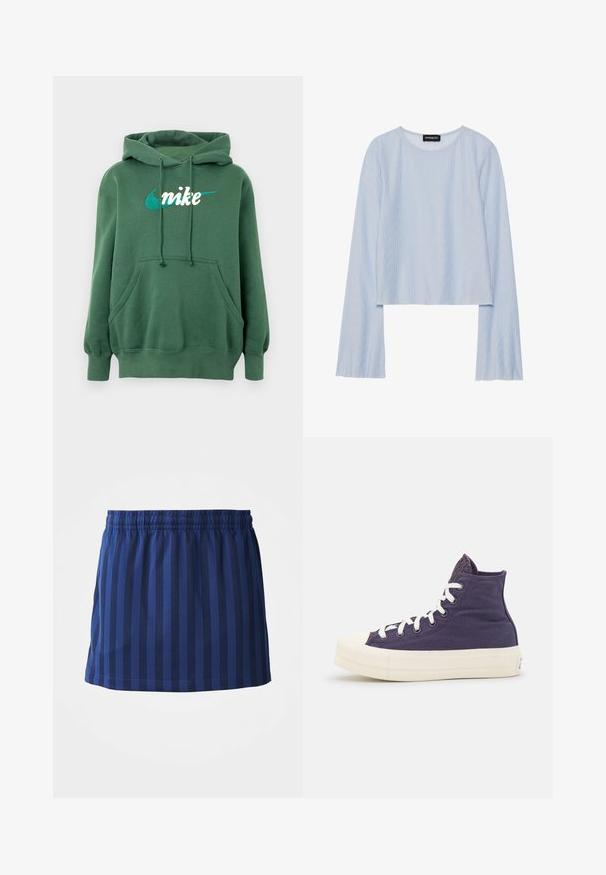 Grøn hættetrøje lavet af bomuldsblanding med en kængurulomme, ribbede manchetter og et broderet Nike-logo i hvidt og teal på fronten.; Lys blå langærmet top lavet af tekstureret stof med et bølget mønster; har en rund halsudskæring og en cropped kant.; Mørkeblå nederdel med lodrette striber, elastisk talje, længde til midten af låret, lavet af letvægtsstof, glat tekstur.; Converse CHUCK TAYLOR ALL STAR LIFT DESERT CAMO - Sneakers high - dark raisin/egret