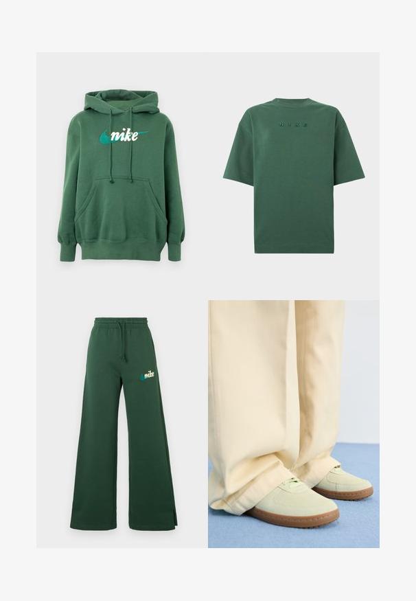 Zelená mikina s kapucňou z bavlnenej zmesi s klokanou kapsou, rebrovanými manžetami a vyšívaným bielym a tyrkysovým logom Nike na prednej strane.; Tmavohnedé tričko s krátkymi rukávmi a okrúhlym výstrihom, s vyšitým logom "NIKE" umiestneným na hrudi.; Tmavo zelené široké teplákové nohavice s elastickým pásom, šnúrkou, bočnými vreckami a vyšitým tyrkysovým logom Nike na ľavom stehne.; Zelené semišové tenisky s okrúlymi špičkami a textúrovanými podrážkami, v kombinácii so širokými béžovými nohavicami, na modrom povrchu.