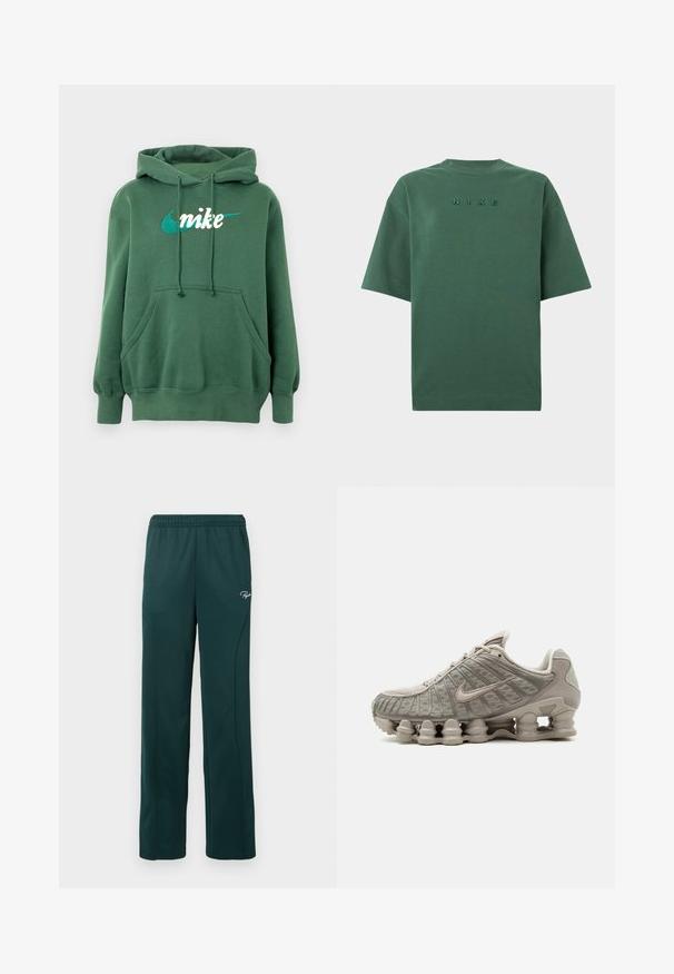 Roheline kapuutsiga dressipluus, mis on valmistatud puuvilla segust, varustatud kenguru tasku, soonikkoes mansettide ja tikitud valge ning türkiissinise Nike logoga esiküljel.; Tume roheline lühikeste varrukatega T-särk ümmarguse kaelusega, millel on keskel tikitud "NIKE" logo.; Tumed roheline dressipüksid, mis on valmistatud pehmest kangast, elastse vöökoha ja külgseemnetega, väikese logoga ees.; Hele beež Nike Shoxi sneaker nähtava sambakujulise polsterdusega tallaga ja võrgust üliskattega.