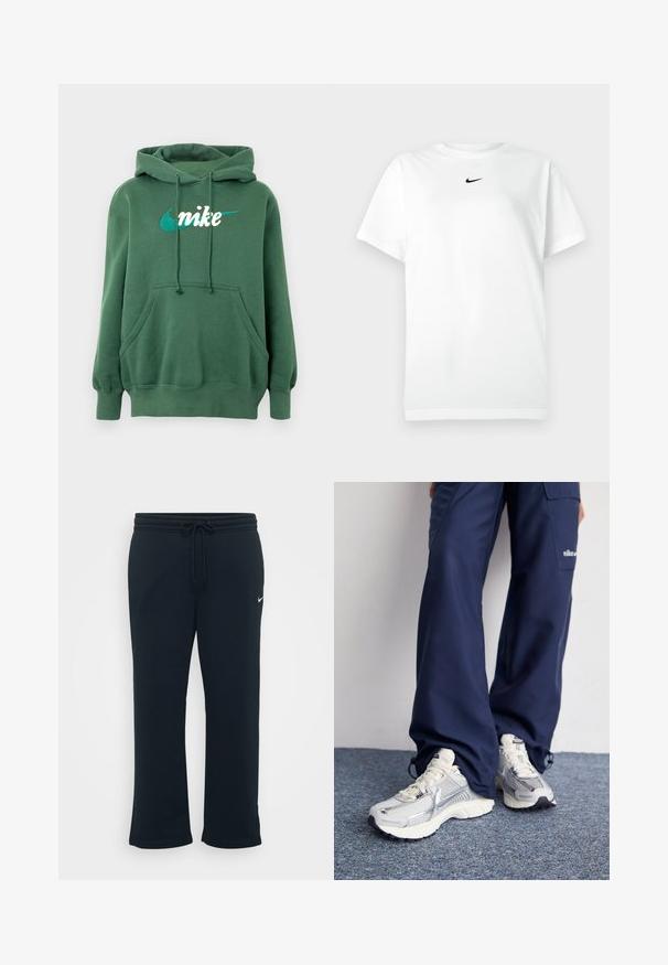 Sweat à capuche vert en mélange de coton avec une poche kangourou, des poignets côtelés et un logo Nike brodé en blanc et bleu sarcelle sur le devant.; T-shirt blanc à manches courtes avec col ras du cou, portant un petit logo Nike en forme de swoosh noir centré sous le col.; Un pantalon de survêtement noir avec une taille élastique et un cordon de serrage ajustable. Il présente un petit logo Nike blanc sur le côté gauche. Texture de tissu douce.; Baskets de sport Nike avec une tige en maille argentée, des accents blancs et des semelles texturées, associées à un pantalon marine ample.