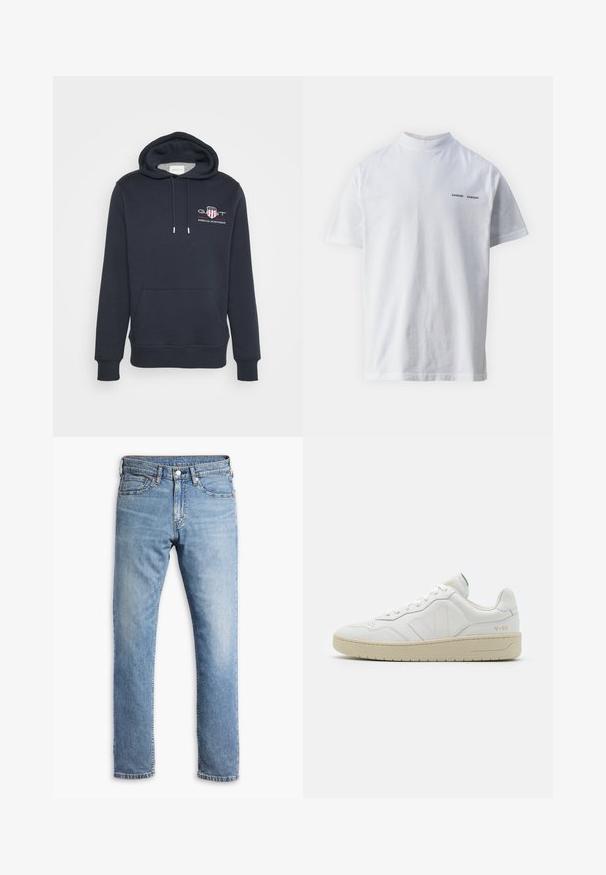 Marineblauwe hoodie gemaakt van zacht materiaal, met een voorste kangoeroezak, een capuchon met trekkoord en een geborduurd logo op de borst.; Witte katoenen t-shirt met een hoge hals en korte mouwen. Voorzien van het 'SAMSØE SAMSØE' logo in het zwart op de voorkant. Glad van textuur.; Lichtblauwe denim jeans met een rechte pijp, vijf zakken, contrasterende stiksels en een knoop- en ritsluiting bij de taille.; Witte leren sneakers met een gestructureerde afwerking en een gevoerde kraag. Voorzien van een beige rubberen zool en subtiele branding op de hiel en zijkant.
