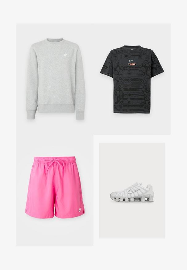 Sivá mikina z mäkkého fleecového materiálu, s rebrovanými manžetami a lemom, s malým bielym logom Nike na hrudi.; Čierne tričko s textúrovaným vzorom, s malým logom Nike v svetlomodrej farbe a obdĺžnikovou nášivkou s logom v kontrastných farbách.; Ružové športové šortky s elastickým pásom a šnúrkou. Vyrobené z ľahkého materiálu, majú bočné rozparky a malý logotyp.; Biela športová obuv s unikátnou podrážkou pripomínajúcou pružinu a strieborným logom Nike swoosh na boku, zobrazená z vonkajšej strany.