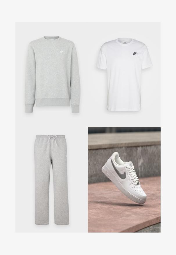 Hall hallipluus, mis on valmistatud pehmest fliismaterjalist, varustatud soonikkoes mansettide ja äärega ning väikese valge Nike logoga rinnal.; Valge puuvillane T-särk, millel on ringkaelus, lühikesed varrukad ja must Nike logo vasakul rinnal. Lihtne, ühtlane värvi disain.; Hallid dressipüksid elastse vöö ja nööriga. Valmistatud pehmest kangast, sirgete sääreosadega ja tagasihoidliku logoga.; Valge Nike Air Force 1 toss hallika Nike logoga, hõljumas kivil pinnal ja halli kivitahvli taustal.