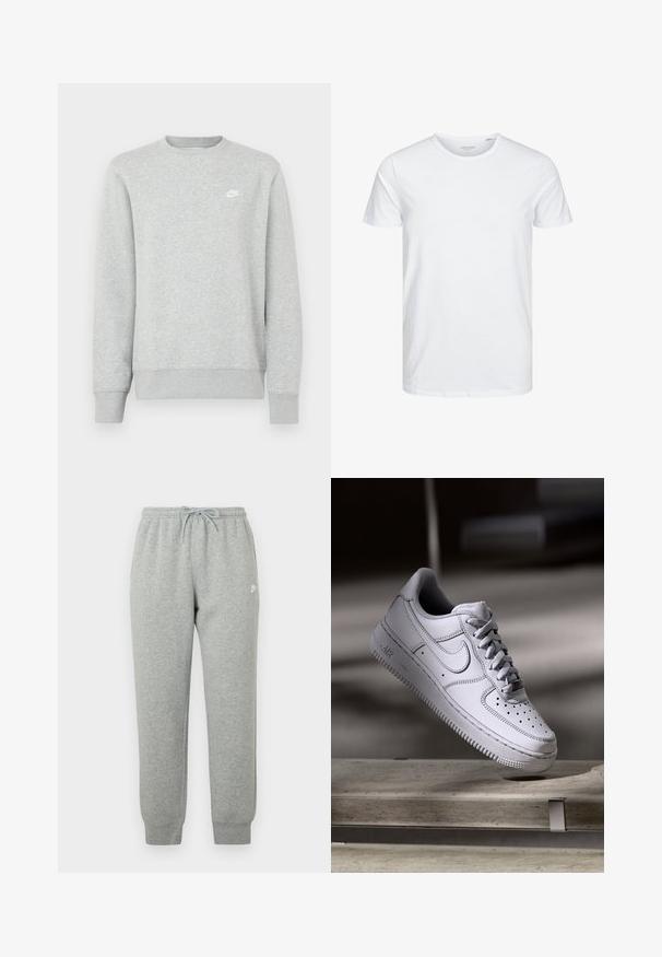Grå sweatshirt lavet af blødt fleece-materiale, med ribstrikkede manchetter og kant, samt et lille hvidt Nike-logo på brystet.; Rundhals kortærmet t-shirt i ensfarvet hvid, lavet af blød bomuld, har et simpelt design uden synlige mønstre eller detaljer.; Grå joggingbukser lavet af blødt stof, med elastisk talje med snøre, tilspidsede ben og en lille hvid logo på siden.; Hvid læder Nike Air Force 1 sneaker med perforeret tå, flade snørebånd og tekstureret gummisål med "AIR" branding på siden.