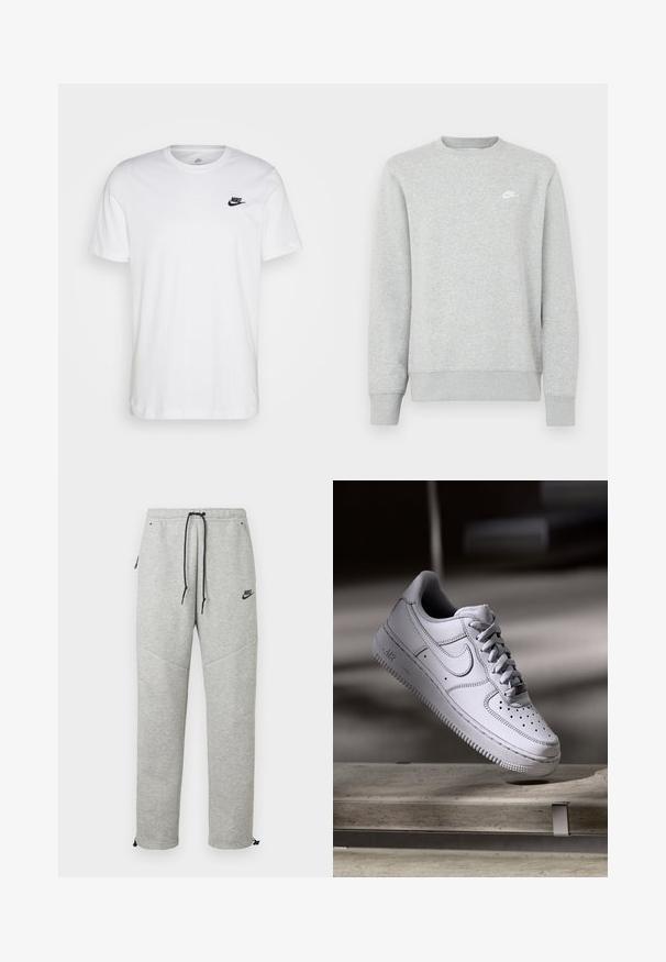 Sweat-shirt gris en molleton doux, doté de poignets et d'un ourlet côtelés, avec un petit logo Nike blanc sur la poitrine.; T-shirt en coton blanc avec col rond, manches courtes et logo Nike noir sur la poitrine gauche. Design simple, couleur unie.; Pantalons de survêtement Nike gris avec taille élastique à cordon, poches latérales et poignets élastiques. Caractérisés par une texture lisse et un logo noir contrastant.; La basket Nike Air Force 1 en cuir blanc présente un embout perforé, des lacets plats et une semelle en caoutchouc texturée avec le logo « AIR » sur le côté.