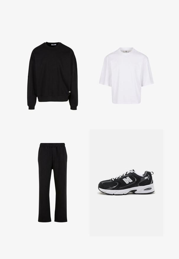 Sort sweatshirt med rund hals, drop shoulders og ribbede manchetter. Har et lille hvidt logo på den nederste venstre kant. Blødt materiale.; Hvid t-shirt med korte ærmer, der har en rund halsudskæring og en afslappet pasform, lavet af et glat bomuldsblandingsstof. Ingen mønstre eller udsmykninger.; Urban Classics Træningsbukser - black; Sorte og grå sportssko med mesh og ruskind på overdelen, der har en hvid mellemsål, snørebånd og et iøjnefaldende "N" logo på siden.
