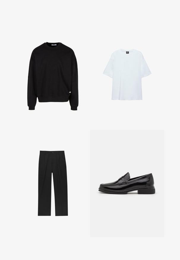 Sort sweatshirt med rund hals, drop shoulders og ribbede manchetter. Har et lille hvidt logo på den nederste venstre kant. Blødt materiale.; Hvid, oversized T-shirt med korte ærmer og rund halsudskæring, med en sort etiket inde i kraven på en hvid baggrund.; Sorte bukser med lige ben, lavet af et glat stof. Har frontfolder og en enkelt knaplukning i taljen.; Sorte læder loafers med en rund tå, der har en syet detalje over vristen og en lav blokhæl. Glat tekstur og blank finish.