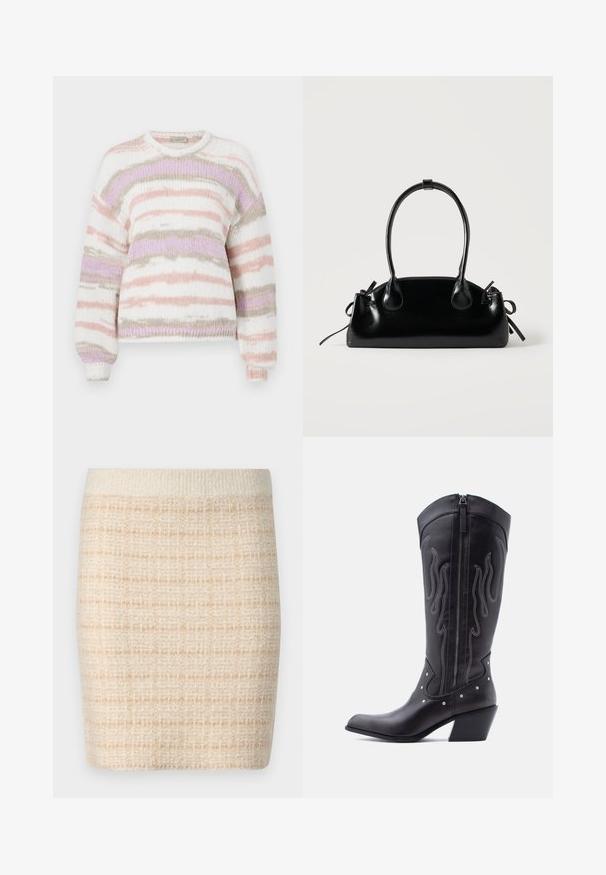 Sweater i blødt strikkemateriale, med stribet mønster i pastelfarverne lyserød, lilla og beige, rund halsudskæring og ribbede manchetter.; Strikket beige mini-nederdel med et struktureret ternet mønster, har en solid cremefarvet talje. Midt-lår længde, blødt stof.; Sorte cowboystøvler i læder med spids tå, synlige sømme, sølvfarvede nitte-detaljer og lynlås på den indvendige side.; Lille sort blank håndtaske med to lange håndtag og snøre-detaljer i siden på en ensfarvet lys baggrund.