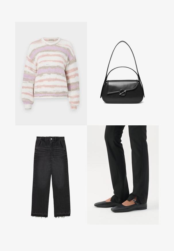 Pullover aus weichem Strickmaterial, mit gestreiftem Muster in sanften Rosa-, Violett- und Beigetönen, rundem Halsausschnitt und gerippten Bündchen.; Schwarze Denim-Hosen mit geradem Bein. Sie verfügen über eine hohe Taille, einen fransigen Saum und eine subtile, ausgebleichte Textur. Mit Eingrifftaschen vorne.; Beine in schwarzen schmalen Hosen mit vorderen Schlitzen am Saum, kombiniert mit schwarzen flachen Mary-Jane-Schuhen mit kleinem Schnallenriemen.; Schwarze Lederschultertasche mit einer geschwungenen Klappe, die durch einen runden Metallverschluss gesichert ist, und einem schlanken, verstellbaren Riemen.