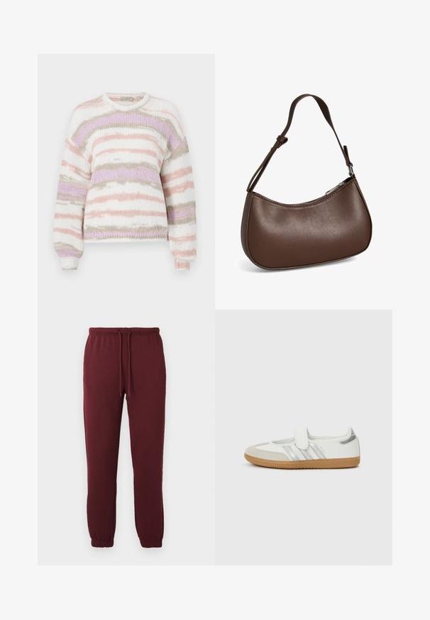 Sweater i blødt strikkemateriale, med stribet mønster i pastelfarverne lyserød, lilla og beige, rund halsudskæring og ribbede manchetter.; Bordeaux joggingbukser med elastisk talje, snor, sidelommer og elastiske manchetter mod en ensfarvet hvid baggrund.; Hvid sneaker med sølvstriber, ruskindsspids og velcrolukning. Sål af tekstureret gummimateriale. Minimalistisk design med glat finish.; Lille brun skuldertaske i læder med justerbar rem og lynlåslukning, vist mod hvid baggrund. Ingen synligt branding eller dekorationer.