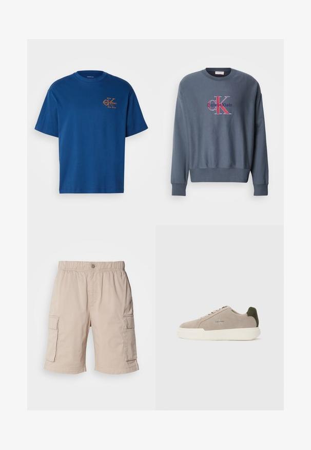 Grauer Baumwoll-Sweatshirt mit Rundhalsausschnitt, langen Ärmeln und gerippten Bündchen, das ein auffälliges rotes und blaues "CK"-Logo auf der Vorderseite zeigt.; Blaues Baumwoll-T-Shirt mit Rundhalsausschnitt, kurzen Ärmeln und einem orangefarbenen Calvin Klein-Logo auf der linken Brust. Schlichte und klassische Schnittform.; Beige Cargo-Shorts mit elastischem Bund, Knopfverschluss, zwei Seitentaschen und zusätzlichen Taschen an den Oberschenkeln. Leichter Stoff.; Beige Wildledersneaker mit einer weißen Gummisohle, die einen dunkelgrünen Akzent an der Ferse und dezente Markenaufschrift an der Seite aufweisen.