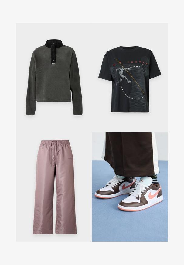 Pull-over en polaire vert foncé avec un col montant noir, présentant un patte à pressions et un tissu texturé pour plus de chaleur.; T-shirt noir Air Jordan avec un graphisme d'un joueur de basket en plein saut et le texte rouge "AIR JORDAN" au-dessus.; Pantalon ample rose clair en nylon lisse. Doté d'une taille élastique avec cordon de serrage et portant un logo sur le côté.; Baskets Nike Air Jordan blanches et brunes avec des accents roses, présentant un design basse, des lacets blancs et une semelle en caoutchouc texturée.