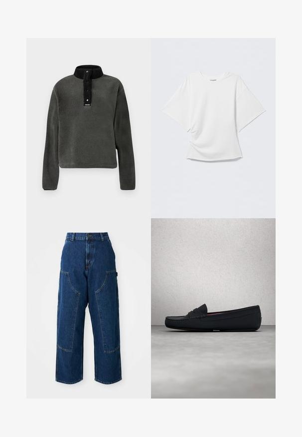 Mørkegrøn fleecepullover med en sort høj krave, som har en trykknapsåbning og struktureret stof for ekstra varme.; Hvid oversize T-shirt med korte ærmer og rund hals, let krøllet front, vist mod en ensfarvet lysegrå baggrund.; Mørk denim bredbenede jeans med høj talje, der har store forlommer og kontrastsyninger. Stoffet har en let struktur.; Mørkeblå læder loafers med en syet design, flad gummisål og en slank profil. Har en struktureret vamps og en glat inderside.