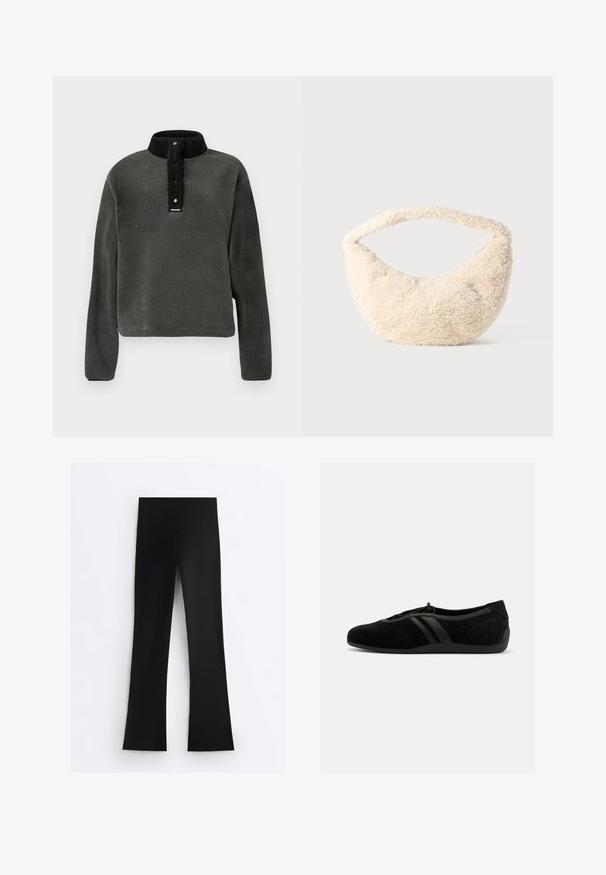 Mørkegrøn fleecepullover med en sort høj krave, som har en trykknapsåbning og struktureret stof for ekstra varme.; Sorte leggings med høj talje og bred taljebånd, med lige ben, vist fladt på hvid baggrund.; Sort ruskinds slip-on sko med rundet tå, elastisk snørelukning, to læderstriber i siden og flad gummisål.; Cremefarvet taske med en blød, fluffy tekstur. Buet form og en bred rem til at bære. Simpelt design, ingen synlige hardware eller accenter.