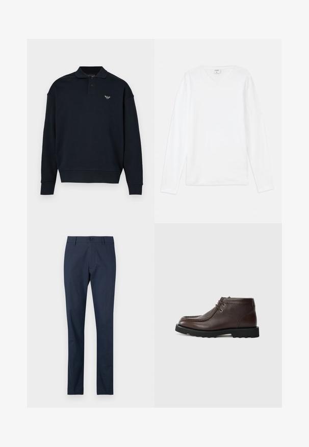 Marineblå sweatshirt med krave, lange ærmer, ribstrikkede manchetter og et lille logo på venstre bryst. Blød stoftekstur.; Hvid langærmet T-shirt med V-udskæring, lavet af blødt materiale, med en afslappet pasform og sideslids for nem bevægelse.; Mørkeblå bukser med flad front, lige ben-design og enkelt knaplukning i taljen. Glat stof uden synlige mønstre.; Brune læder ankelstøvler med en rund tå, med metaløjer til snørebånd, syet detaljer og en robust sort gummisål.