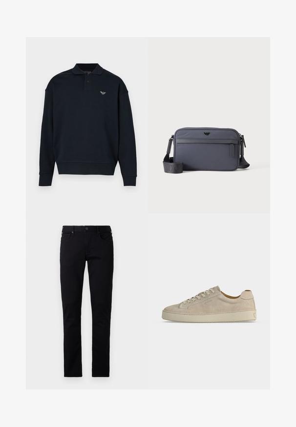 Tmavomodrá mikina s golierovým dizajnom, dlhými rukávmi, rebrovanými manžetami a malým logom na ľavej strane na hrudi. Mäkká textúra materiálu.; Emporio Armani POCKETS PANT - Slimfit džínsy - black denim; Béžová semišová nízka teniska so zaväzovaním na šnúrky a hrubou gumovou podrážkou, zobrazená z boku na bielom pozadí.; Šedá obdĺžniková kabelka cez rameno s predným vreckom na zips, nastaviteľným ramenným popruhom a malým čiernym logom vpredu v strede.