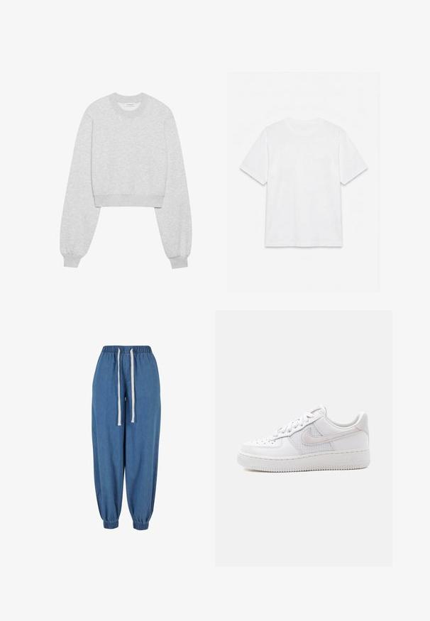 Gekürzter sweatshirt aus hellgrauem stoff, mit langen ärmeln, rundem ausschnitt, gerippten bündchen und einer subtilen strukturierten oberfläche.; Schlichtes weißes T-Shirt mit kurzen Ärmeln und Rundhalsausschnitt, flach auf weißem Hintergrund liegend.; Blaue Denim-Jogginghose mit elastischem Bund und Bündchen, mit weißen Kordeln an der Taille.; Weißer Nike Air Force 1 Sneaker mit niedrigem Schaft, weißen Schnürsenkeln, Perforationen an der Zehenkappe und einem Mesh-Einsatz hinter dem Nike-Swoosh-Logo.