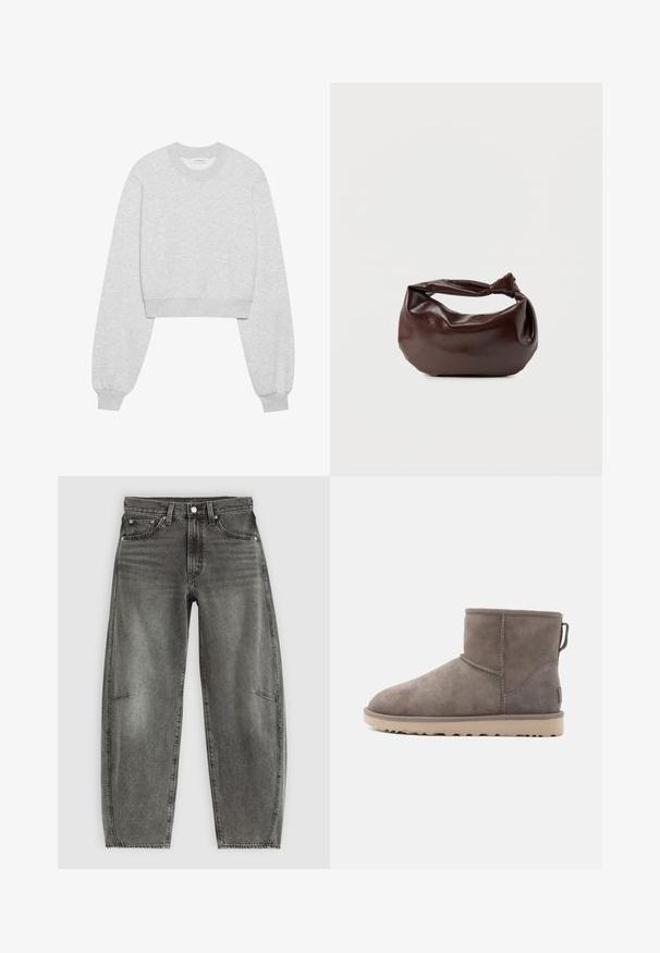 Gekürzter sweatshirt aus hellgrauem stoff, mit langen ärmeln, rundem ausschnitt, gerippten bündchen und einer subtilen strukturierten oberfläche.; Hochtaillierte, grau gewaschene Jeans aus Denim mit fünf Taschen, Knopfverschluss und einer lässigen, geraden Passform.; Grau Wildleder-Stiefeletten mit weicher Textur, rundem Zeh und robustem beigem Absatz. Verfügen über einen verstärkten Absatz und Nahtakzente.; Dunkelbraune Lederschultertasche mit weicher, lockerer Form und einem gedrehten Knotengriff vor schlichtem weißem Hintergrund.