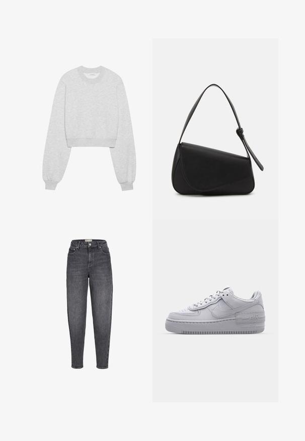 Gekürzter sweatshirt aus hellgrauem stoff, mit langen ärmeln, rundem ausschnitt, gerippten bündchen und einer subtilen strukturierten oberfläche.; Schwarze, hoch sitzende, verwaschene Jeans mit verjüngtem Schnitt, Fronttaschen, Gürtelschlaufen und Knopfverschluss.; Graue Nike Air Force 1 Sneaker mit perforierter Zehenpartie, Obermaterial aus glattem Leder, dicker Sohle und geprägtem 'AIR'-Detail an der Ferse.; Schwarze Lederhandtasche mit dreieckiger Form, schrägem Klappdeckel und rundem Oberhandgriff. Verfügt über eine glatte Textur und minimalistische Designdetails.