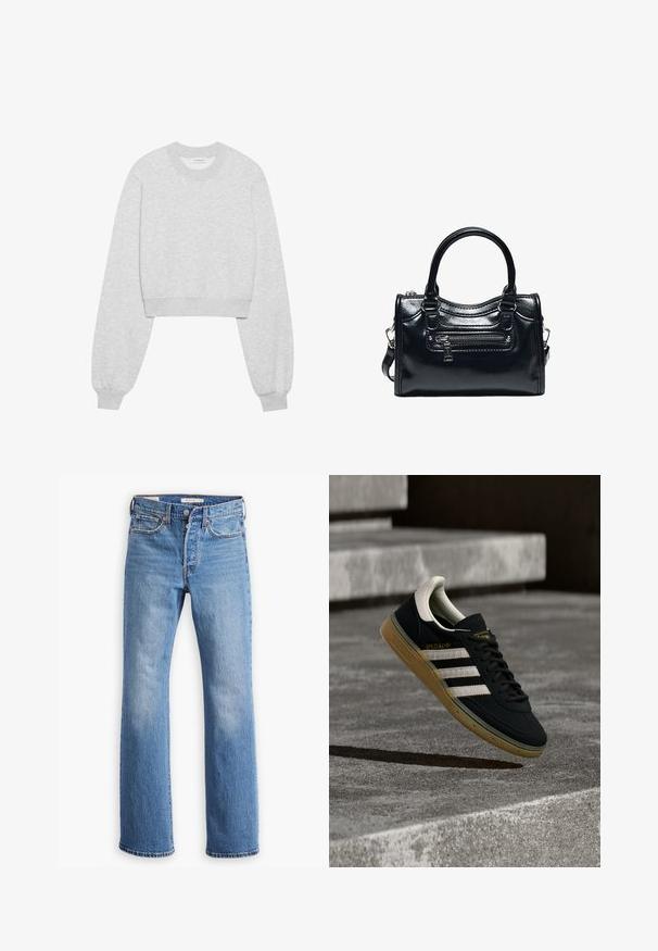 Gekürzter sweatshirt aus hellgrauem stoff, mit langen ärmeln, rundem ausschnitt, gerippten bündchen und einer subtilen strukturierten oberfläche.; Blaue Jeans aus Denim mit geradem Bein, hoher Taille, klassischer Fünf-Taschen-Optik und auffälligen Verblassungen an den Oberschenkeln.; Schwarzer Sneaker aus Wildleder mit weißen Streifen und goldenem Logo, ausgestattet mit einer strukturierten Gummisohle in Kaugummifarben und einer kontrastierenden cremefarbenen Fersenschlaufe.; Schwarze glänzende Lederhandtasche mit zwei Griffen, vorderer Reißverschlusstasche und abnehmbarem Schulterriemen auf weißem Hintergrund.