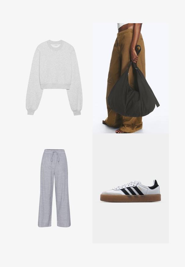 Gekürzter sweatshirt aus hellgrauem stoff, mit langen ärmeln, rundem ausschnitt, gerippten bündchen und einer subtilen strukturierten oberfläche.; Grau-weiße gestreifte, weit geschnittene Hose mit elastischem Bund und Kordelzug. Leichtes Material mit lässiger Passform.; Weiße Leder Sneakers mit schwarzen Streifen, Gummigummi-Außensohle, runder Zehenform, Schnürverschluss und weichem grauem Wildleder-Zehenkappe.; Person trägt braune weite Hose und weißes Oberteil und hält eine große schwarze weiche Handtasche an der Seite am Trageriemen.
