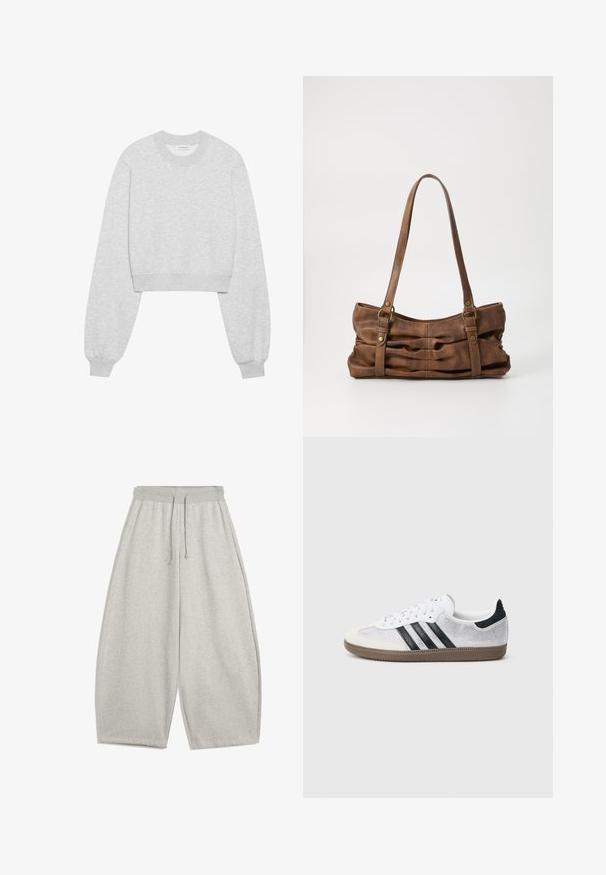 Geknipt sweatshirt in lichtgrijze stof, voorzien van lange mouwen, een ronde halslijn, ribgebreide manchetten en een subtiele textuur.; Lichtgrijze wijde sweatpants met elastische tailleband en trekkoord, voorzien van zijzakken en een ontspannen pasvorm.; Witte mesh sneaker met zwarte strepen, beige suède neuskapje en hielaccent, gestructureerde rubberen zool en witte veters. Klassiek ontwerp met lage schacht.; Even&Odd Handtas - brown