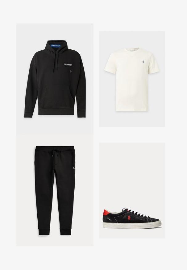 Sweat à capuche Polo Sport noir avec poche avant, capuche à cordon de serrage et logo blanc sur la poitrine et à l’intérieur du col.; T-shirt blanc manches courtes col rond avec petit logo sombre d'un cheval et d'un cavalier sur la poitrine gauche.; Pantalon de jogging noir avec chevilles resserrées, taille à cordon, poches latérales et petit logo blanc de joueur de polo sur la cuisse droite.; Baskets en suède noires avec des lacets blancs, des accents rouges sur le talon et un petit logo rouge. Dotées d'une semelle plate en caoutchouc et d'une couture simple.