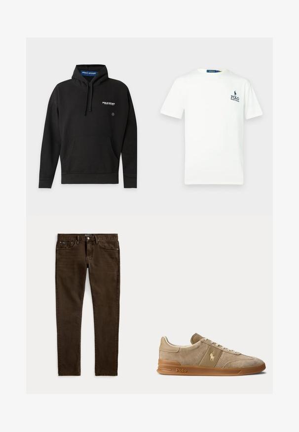 Sort Polo Sport hættetrøje med frontlomme, justerbar hætte og hvidt logotekst på brystet og indeni kraven.; Hvid bomulds t-shirt med rund hals, korte ærmer og et blåt "POLO Ralph Lauren" logo på venstre bryst.; Slim-fit mørkebrune jeans med fem lommer, knap- og lynlåslukning samt synlige Polo-mærkater på linningen og forlommerne.; Beige ruskind og læder lav-top sneaker med gummisål, hvide snørebånd og Polo-logo på siden og sålen.