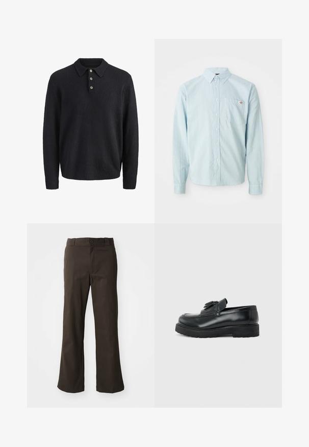 Pull en tricot bleu marine foncé à manches longues avec un col et trois boutons sur la patte de boutonnage avant.; Chemise à manches longues bleu clair avec col boutonné et poche poitrine, ornée d'un petit patch logo rouge et blanc.; Pantalons marron évasés avec une texture lisse, dotés d'une fermeture à bouton à l'avant et de poches sur les côtés. Design simple et droit.; Mocassin en cuir noir avec pampilles, semelle épaisse en caoutchouc et talon bas, présenté de profil sur un fond uni.
