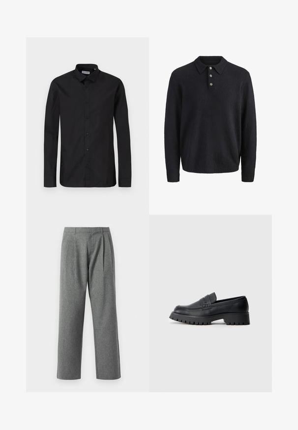 Mørkeblå langærmet strikket sweater med krave og tre knapper ned foran.; Sorte langærmede skjorte med klassisk krave, lavet af glat stof, med frontknapper og en almindelig pasform.; Grå, lige ben bukser lavet af tekstureret stof, med plisseringer foran og et almindeligt taljebånd, uden synlige lommer.; Sorte læder loafers med en rund tå, prydet med en dekorativ rem og en kraftig gummisål med dybe riller for grip.