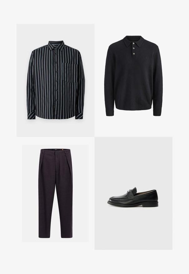 Mørkeblå langærmet strikket sweater med krave og tre knapper ned foran.; Sort button-up skjorte med blå lodrette striber, lange ærmer, krave og en brystlomme. Glat stof, afslappet pasform, standard knapper.; Mørkegrå skræddersyede bukser med bæltestropper, for-plojer og lige ben.; Sorte læder loafers med en glat finish, der har et tekstureret øverste bånd, lav hæl og minimale syninger.