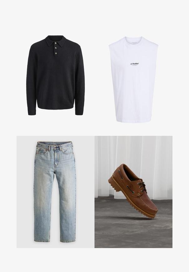 Dunkelblauer langärmeliger Strickpullover mit Kragen und drei Knöpfen an der vorderen Blende.; Weißes ärmelloses Shirt mit kleinem, zentriertem "JJ Studios"-Textlogo in Schwarz auf der Vorderseite und rundem Ausschnitt.; Helle blaue Jeans mit hoher Taille, Frontknopf, Reißverschluss und fünf Taschen-Design, flach auf einem neutralen Hintergrund ausgelegt.; Brauner Leder-Bootsschuh mit schwarzen Schnürsenkeln, beigen Nähten und einer robusten Sohle, schwebt über einem grauen Betonboden.