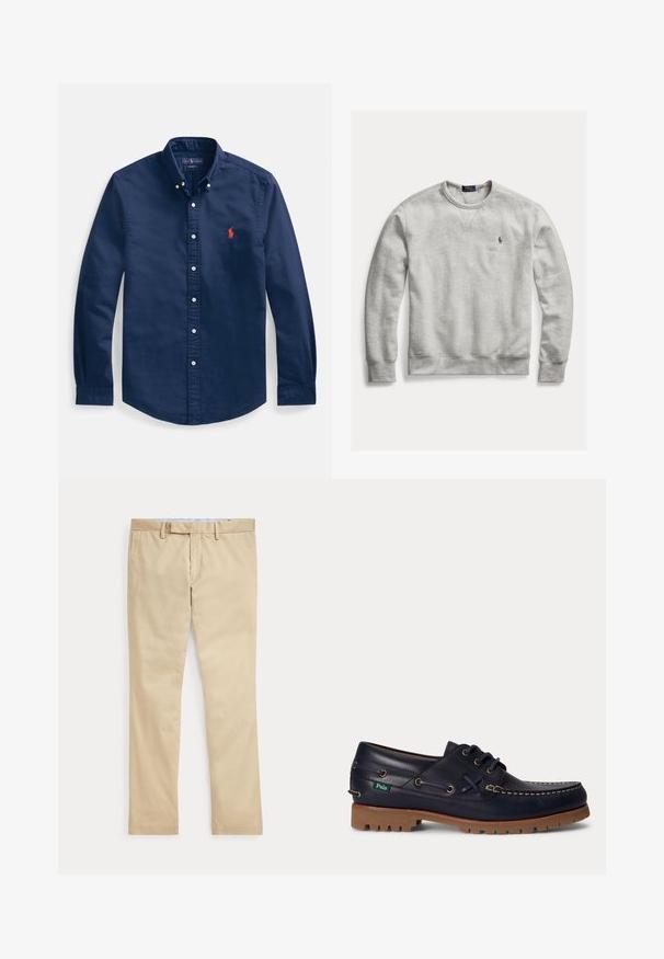 Lichtgrijze crewneck trui met lange mouwen en klein geborduurd Polo Ralph Lauren-logo op de linkerborst.; Marineblauw katoenen overhemd met knopen, voorzien van een puntige kraag, lange mouwen en een klein rood geborduurd logo op de borst.; Beige broek met rechte pijpen, ceintuurlussen en een voorrits, plat gelegd tegen een witte achtergrond.; Marineblauwe leren bootschoen met bruine rubberen zool, witte stiksels, veters en een klein groen Polo-label aan de zijkant.