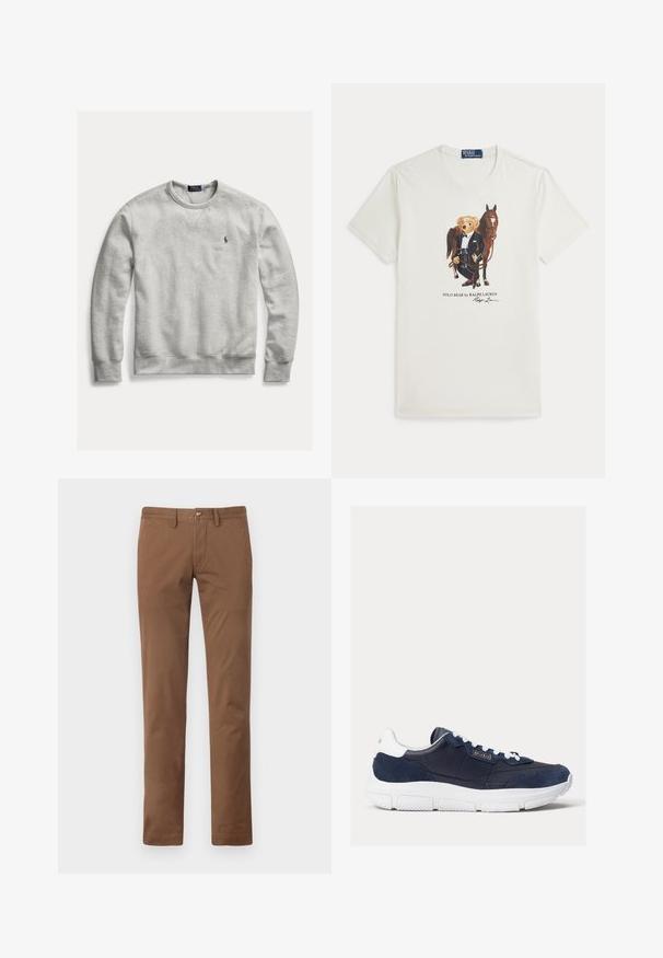 Svetlosivá mikina s okrúhlym výstrihom, dlhými rukávmi a malým vyšívaným logom Polo Ralph Lauren na ľavej strane hrudníka.; Biele tričko s okrúhlym výstrihom s grafikou medveďa v smoking, ktorý stojí vedľa hnedej kone, s textom Polo Bear by Ralph Lauren pod tým.; Hnedé bavlnené nohavice z twillu so rovnými nohavicami, s gombíkovým zapínaním a jemným leskom; bez viditeľných vzorov alebo kovových detailov.; Námorné tenisky s kombináciou hladkej kože a semišu na hornej časti, bielou gumovou podrážkou a kontrastnými bielymi šnúrkami s logom na boku.