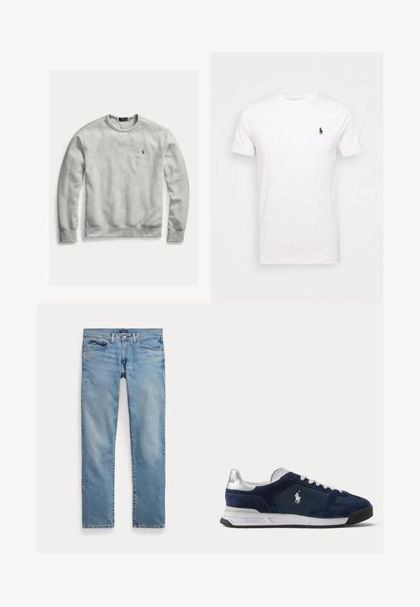 Svetlosivá mikina s okrúhlym výstrihom, dlhými rukávmi a malým vyšívaným logom Polo Ralph Lauren na ľavej strane hrudníka.; Biela bavlnená tričko s okrúhlym výstrihom. Na ľavej strane hrude je malé tmavomodré logo. Krátke rukávy, hladká textúra.; Svetlomodré rovné rifľové nohavice s prednými vreckami a zapínaním na gombík, položené na bielom pozadí.; Pánska Polo teniska v námorníckej modrej a bielej farbe s semišovými a sieťovinovými panelmi, bielymi šnúrkami a logom Polo na boku a päte.