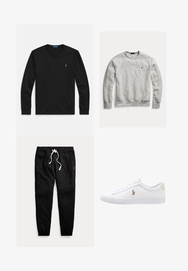 Hellgrauer Sweatshirt mit Rundhalsausschnitt, langen Ärmeln und kleinem besticktem Polo Ralph Lauren-Logo auf der linken Brust.; Schwarzes langärmeliges T-Shirt aus weicher Baumwolle, mit Rundhalsausschnitt und kleinem, farblich akzentuiertem gesticktem Logo auf der Brust.; Schwarze Jogginghose mit weißem Kordelzug, elastischen Bündchen, Seitentaschen und kleinem roten Logo am linken Oberschenkel.; Weiße Leinensneaker im Low-Top-Design mit einem beigen Ferseneinsatz und einem kleinen gestickten Logo an der Seite. Gummisohle.