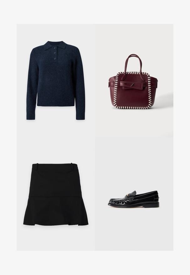 Pull bleu foncé à manches longues avec un col polo et trois boutons sur la patte de boutonnage avant, présenté sur un fond clair uni.; Jupe noire courte avec un léger évasement à l'ourlet et des passants de ceinture à la taille sur un fond blanc.; Mocassins en cuir noir avec un bout arrondi, des coutures décoratives et un petit accent doré sur le dessus. Semelle en caoutchouc plate, design épuré.; Sac à main en cuir bordeaux avec bordure blanche cousue, doubles poignées et rabat avant sécurisé par une fermeture à épingle argentée.