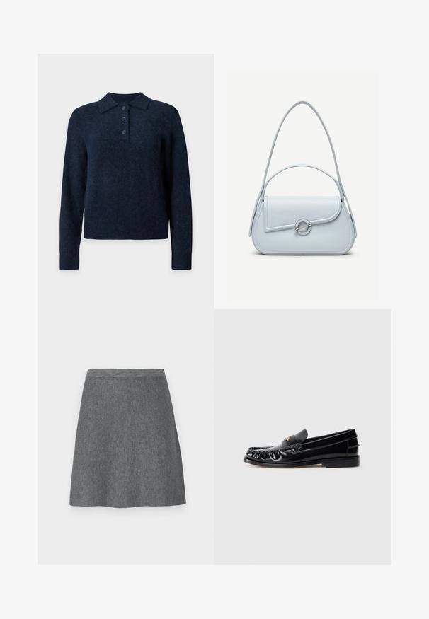 Pull bleu foncé à manches longues avec un col polo et trois boutons sur la patte de boutonnage avant, présenté sur un fond clair uni.; Jupe en laine grise avec une taille ajustée, forme évasée et texture lisse. Pas de poches ni de détails métalliques visibles.; Mocassins en cuir noir avec un bout arrondi, des coutures décoratives et un petit accent doré sur le dessus. Semelle en caoutchouc plate, design épuré.; Sac à main en cuir bleu clair avec rabat arrondi, fermoir circulaire argenté et deux bretelles d'épaule sur un fond uni.