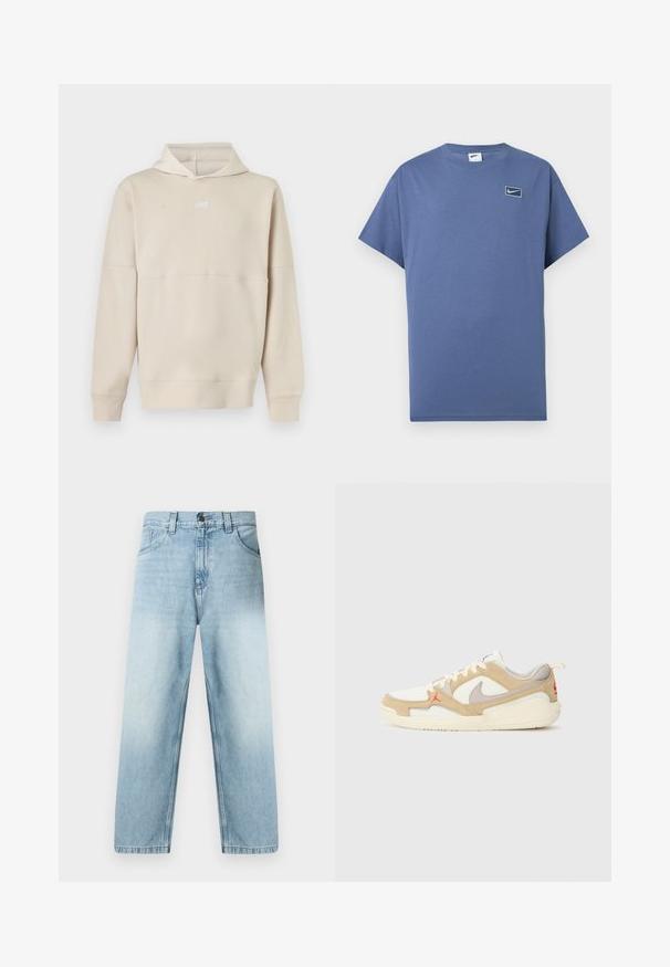 Beige Nike hættetrøje med lange ærmer og frontlogo, med hætte og ribkant ved ærmer og kant.; Blå kortærmet T-shirt med rund hals og et lille Nike swoosh-logo inde i en afrundet firkant på venstre bryst.; Lyseblå jeans med lige ben, som har en falmet finish, fem-lomme-design og synlige syninger langs sømmene. Fremstillet af bomuldsdenim.; Hvide og beige sneakers med net- og ruskindspaneler, grå accenter, rødt logo og orange trækflap. Rund tå og polstret således design.