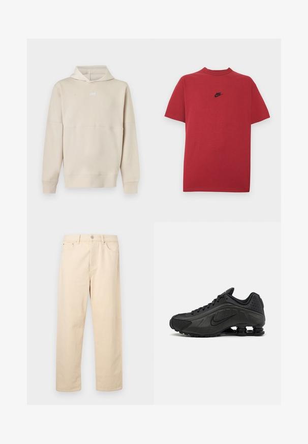 Μπεζ φούτερ Nike με μακριά μανίκια και λογότυπο μπροστά, με κουκούλα και rib μανσέτες και τελείωμα.; Κόκκινη βαμβακερή μπλούζα με μαύρο λογότυπο Nike στο στήθος, κοντά μανίκια, στρογγυλή λαιμόκοψη και κανονική εφαρμογή. Ομαλή υφή.; Μπεζ τζιν παντελόνια με ίσια γραμμή, κλείσιμο με κουμπί και φερμουάρ, θηλιές για ζώνη και μπροστινές τσέπες σε απλό φόντο.; Μαύρα αθλητικά παπούτσια με λείο συνθετικό άνω μέρος, διάτρητες λεπτομέρειες, υφή στις πλευρές και ξεχωριστή ελαστική σόλα.