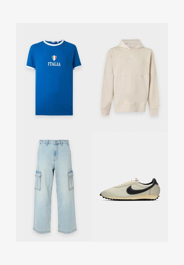 Μπεζ φούτερ Nike με μακριά μανίκια και λογότυπο μπροστά, με κουκούλα και rib μανσέτες και τελείωμα.; Μπλε κοντομάνικο μπλουζάκι με λευκή περίμετρο, με έμβλημα ασπίδας Ιταλίας και το κείμενο "ITALIA" στο κέντρο του στήθους.; Ανοιχτό μπλε τζιν cargo παντελόνι με φαρδιές γραμμές, διαθέτοντας δύο πλευρικές τσέπες, κλείσιμο με κουμπί και ελαφρώς ξεθωριασμένη υφή.; Μπεζ καμβαδίνη αθλητικά με μαύρες δερμάτινες λεπτομέρειες, στρογγυλή μύτη, επίπεδη μαύρη σόλα και λευκές κορδόνες. Διαθέτει έντονο μαύρο λογότυπο.