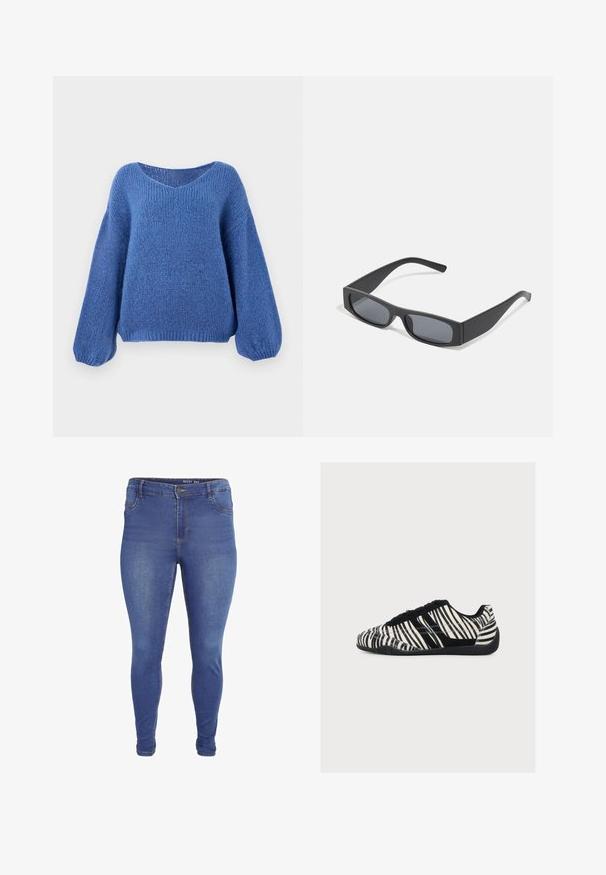 Pull en laine bleu avec un col en V, des manches longues bouffantes et un motif texturé. Tissu doux avec une coupe décontractée, doté de poignets côtelés.; Jean skinny bleu avec poches avant, passants pour ceinture, fermeture par bouton, et légère décoloration sur les cuisses et les genoux.; Basket basse avec rayures zèbre noires et blanches, lacets noirs et semelle noire texturée, vue de profil sur fond blanc.; Lunettes de soleil noires rectangulaires avec des verres foncés et des montures en mat épais. Les branches sont légèrement effilées avec une texture lisse.