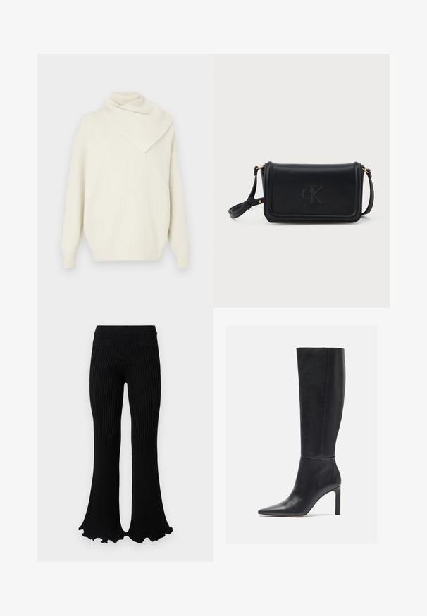 Cremefarvet ribstrikket sweater med en draperet asymmetrisk krave og lange ærmer, der har en afslappet pasform og blød tekstur.; Rabanne Bukser - black; Knæhøje sorte læder stiletto støvler med spids tå og glat tekstur, der har et slankt design og minimal syning.; Sorte læder crossbody taske med struktureret finish, der har en topklap, præget "cK" logo og hardware accenter i guldfarve.