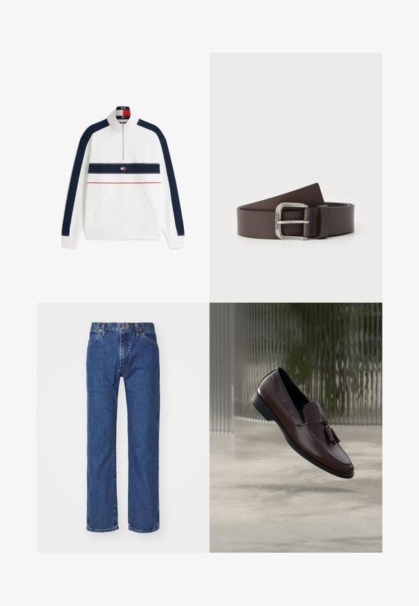 Hvid quarter-zip sweatshirt med marineblå striber på ærmerne, marineblåt brystbånd med Tommy Jeans-logo og en rød vandret linje nedenunder.; Straight-leg blå denim jeans med frontknap, lynlås, bæltestropper og fem-lomme design på en ensfarvet hvid baggrund.; Brune læder loafers med en glat tekstur, med dekorative kvaster og en forhøjet sømdetalje, sat mod en minimalistisk baggrund.; Brun læderbælte med en sølvfarvet metalspænde med "HUGO" branding og blå syningsdetaljer på læderet. Glat og elegant design.