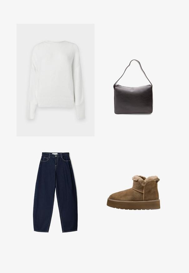 Hvid, fnulleret sweater lavet af blødt materiale. Har rund hals, lange ærmer og ribbede manchetter og kant. Enkel, struktureret design.; Mørkeblå denimbukser med løs pasform, der har fem lommer, kontrasterende syninger og lynlåslukning foran.; Brune ruskinds ankelstøvler med faux pelsfor, rund tå og en tykk platformsål; har en syet søm og en trækflap bagpå.; Sort læder skuldertaske med en glat tekstur, rektangulær form og en enkelt buet rem. Har en top lynlås lukning.